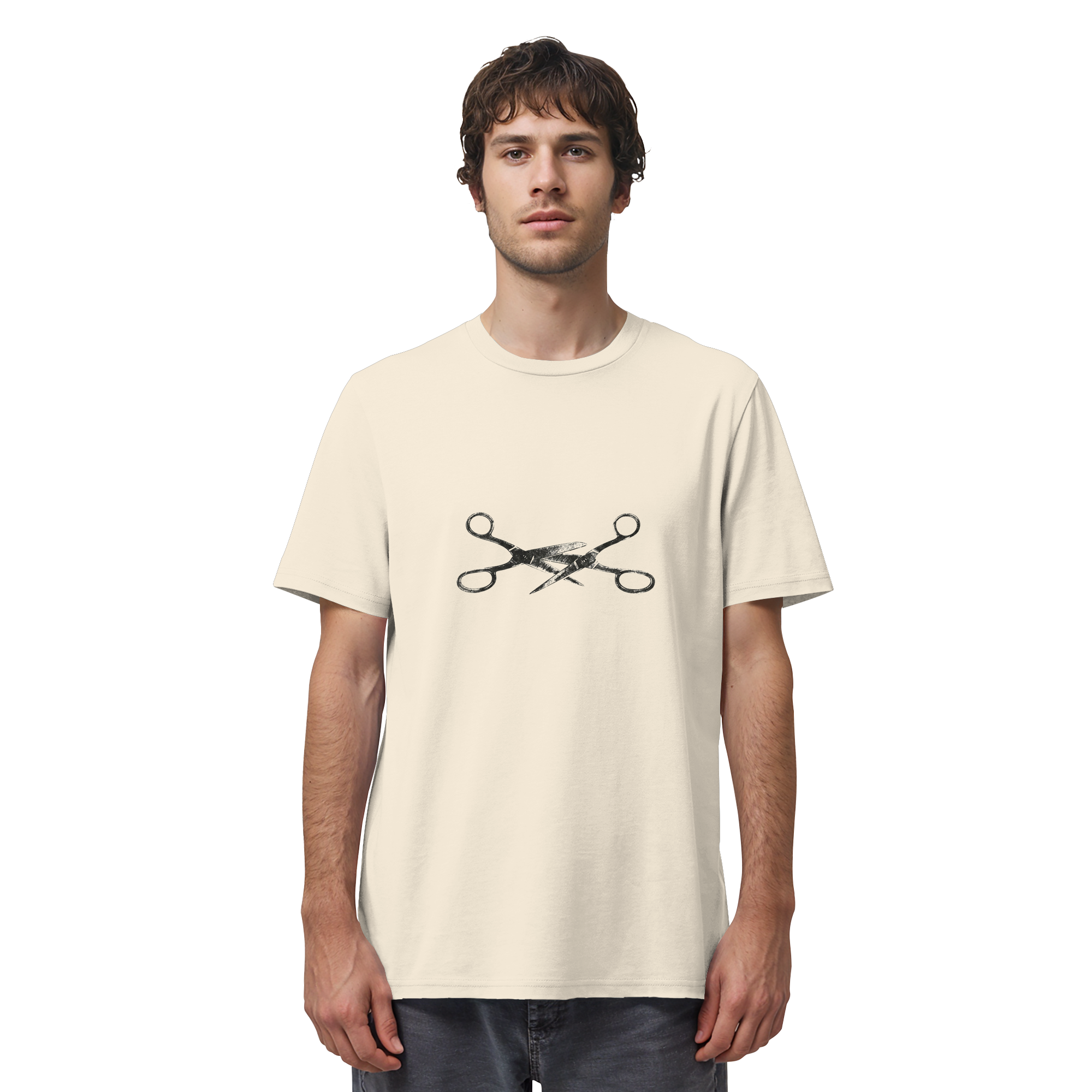 (visual-only, no text - two crossed scissors) - gedragen door een man